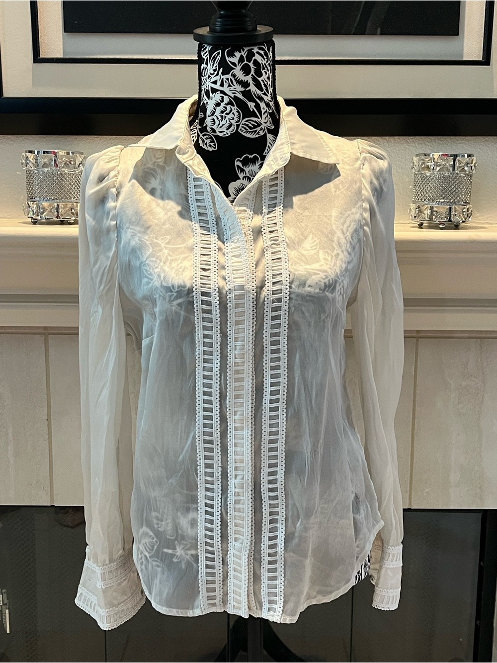 House of CB Aude 100% Silk Sheer Ladder Lace Button Front Blouse Ivory Size S